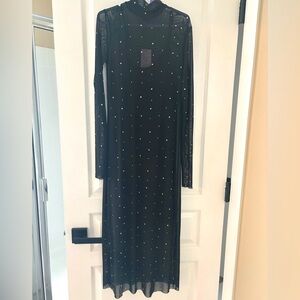 Women’s long sleeve mesh rhinestone midi dress NWT
